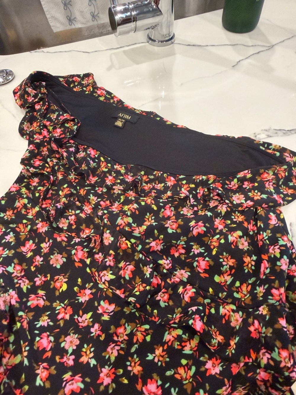AFRM Black One-Shoulder Pink Floral Ruffle Cami - Picture 4 of 4